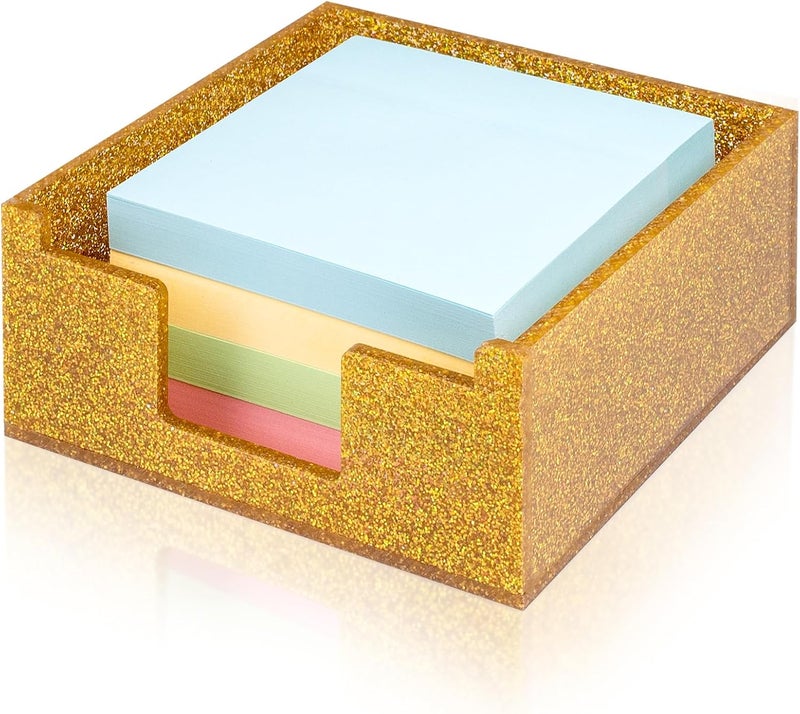 Luminzo Gold Sparkling Sticky Note Holder, Glitter Acrylic Organizer, 3.94 x 3.94 in Multi-Use Tray for Office, School & Home Desk - Image 1